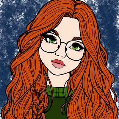 girl with long hair and freckles and glasses realistic
