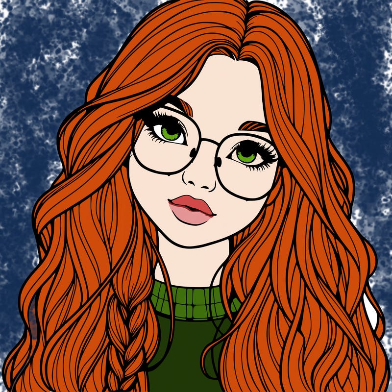 girl with long hair and freckles and glasses realistic