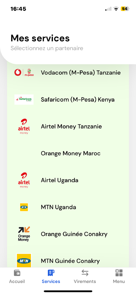 Lista de parceiros de dinheiro móvel no aplicativo HOLO para transferências internacionais, incluindo M-Pesa, Airtel e Orange Money.