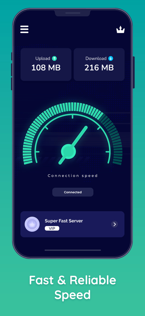 Interface do aplicativo móvel Von VPN mostrando altas velocidades de upload e download com um mostrador de velocímetro