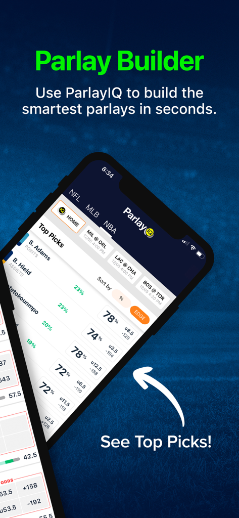 Scores and Odds Sports Betting - Scores and Odds app interface showing the Parlay Builder tool with top player prop picks and edge percentages