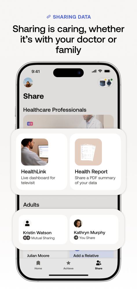 Oberfläche der Withings App zeigt Optionen zum Teilen von Gesundheitsdaten für Ärzte und Familienmitglieder