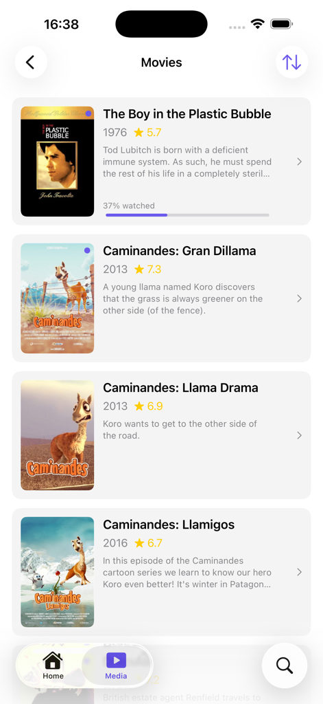 FinPlus - A movie list view in the FinPlus app displaying posters ratings and watch progress for individual films