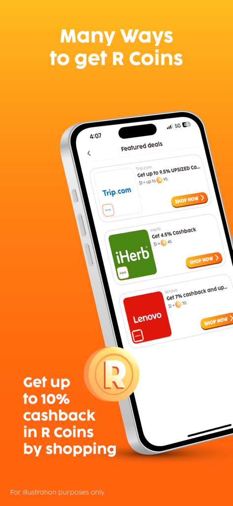Reward Land - Screenshot of the Reward Land app showing featured shopping deals and up to 10 percent cashback in R Coins.