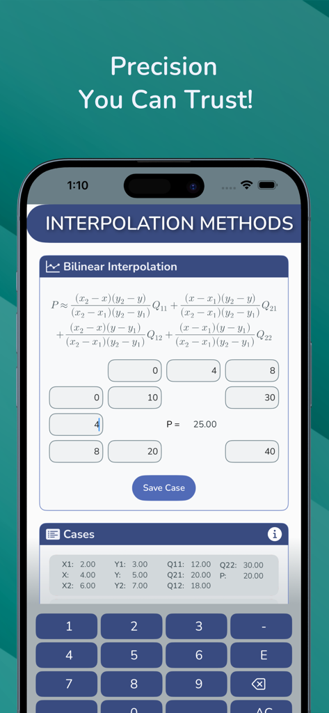 Oberfläche der Interpolationsmethoden-App mit einem bilinearen Interpolationsrechner mit Formel und gespeicherten Fällen.