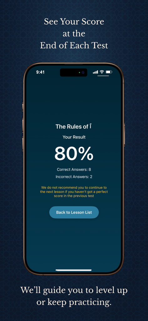 A mobile screen showing a test result score of eighty percent in the Learn Quran Tajwid app