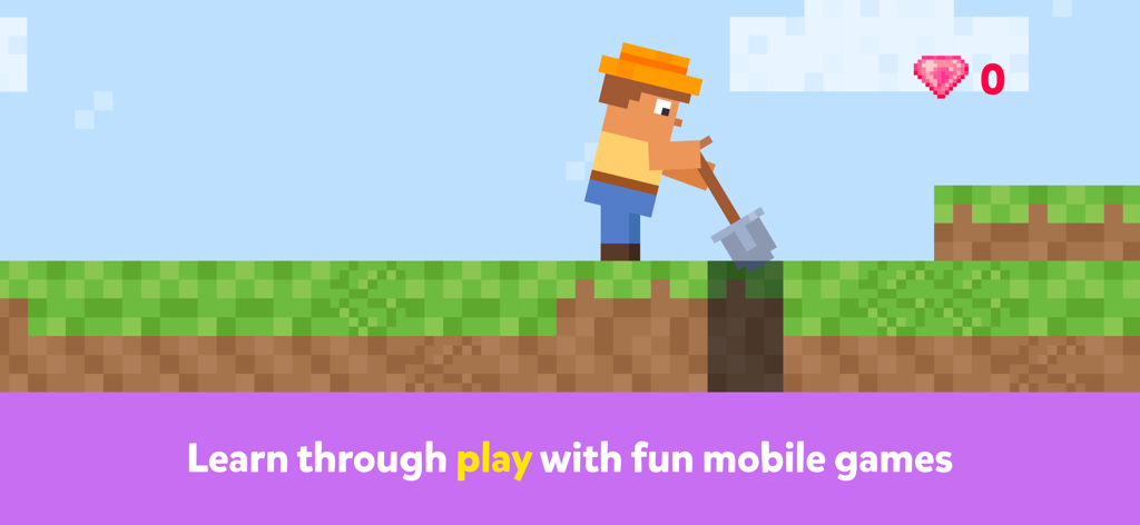 Pixel art character digging in a mobile game for kids with text about learning through play