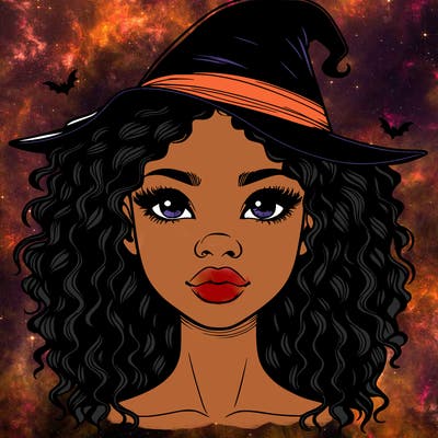 realistic black girl with wavy hair and witch hat and nose and lips