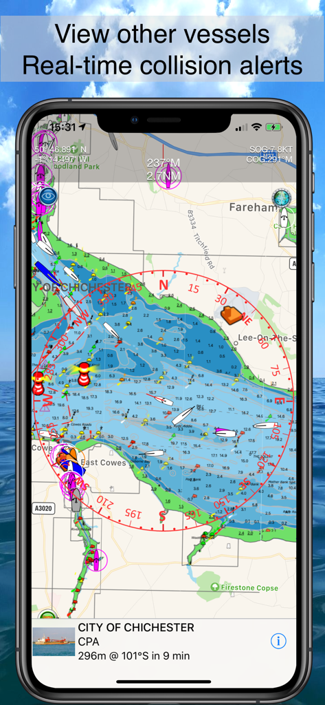 Boat Beacon - Boat Beacon app interface showing real time vessel tracking and collision alerts on a nautical map