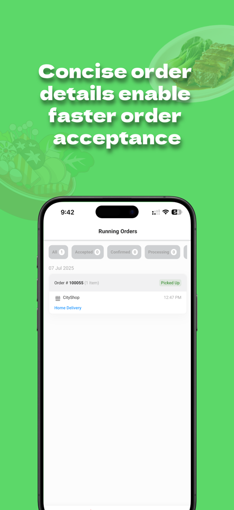 CityOrder: Rider - CityOrder Rider app displaying a list of running delivery orders with status updates.