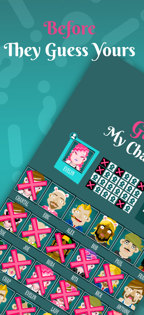 Écran de jeu d'un jeu de déduction numérique montrant des portraits de personnages éliminés avec de grandes croix roses.