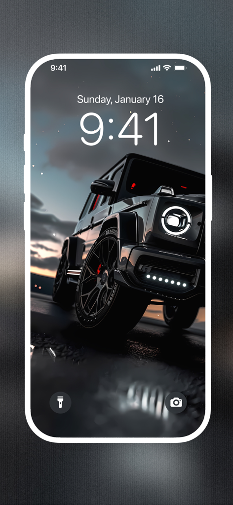 High resolution 4K car wallpaper of a black SUV on an iPhone lock screen