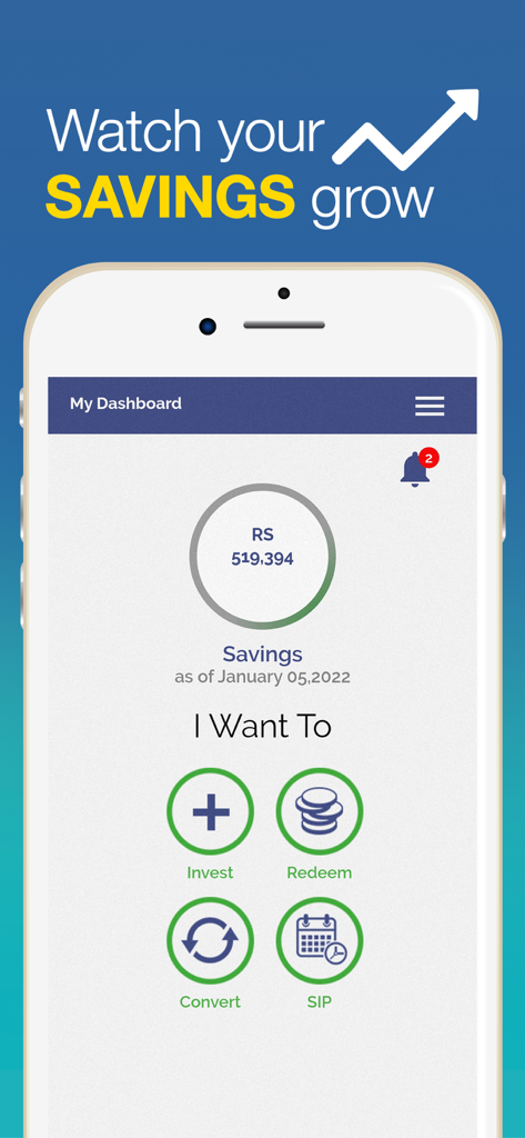 Mobile dashboard for iSave MCBFunds showing investment balance in Rupees and options for SIP and mutual fund management