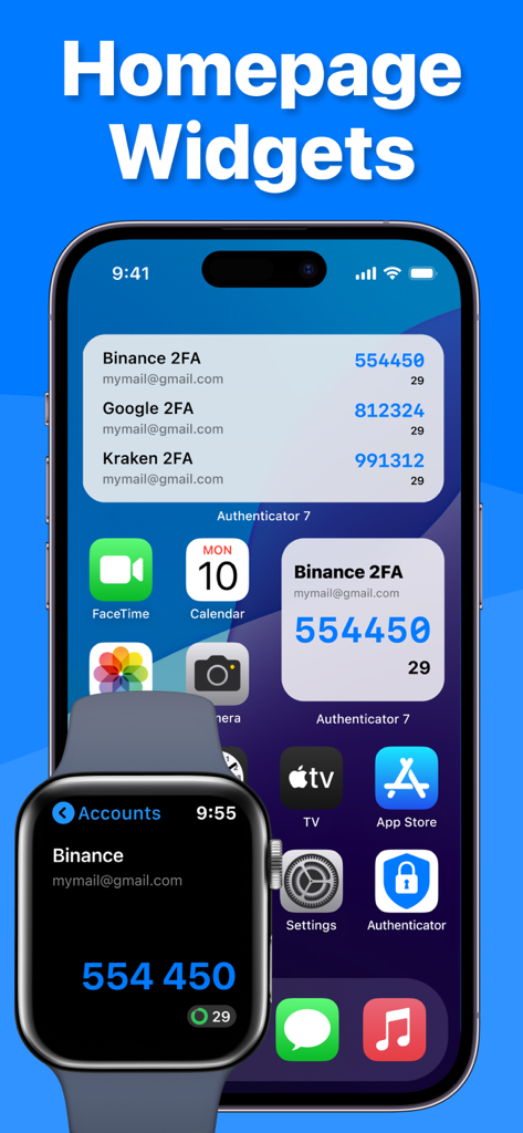 Authenticator · - Widgets de la aplicación Authenticator en iPhone y Apple Watch que muestran códigos de autenticación de dos factores
