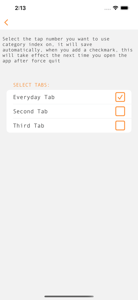 Dosmo - Settings screen in the Dosmo app showing options to select and configure different shopping list tabs.
