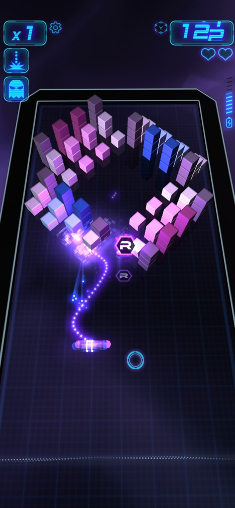 Micro Breaker 3D arcade gameplay featuring neon blocks and a glowing paddle in a futuristic environment