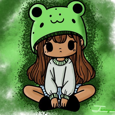 a girl wearing a frog hat and some frog socks