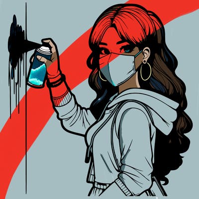 realistic girl with mask spray painting a wall