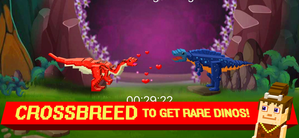 Two voxel style dinosaurs crossbreeding in a pixel art jungle to get rare species