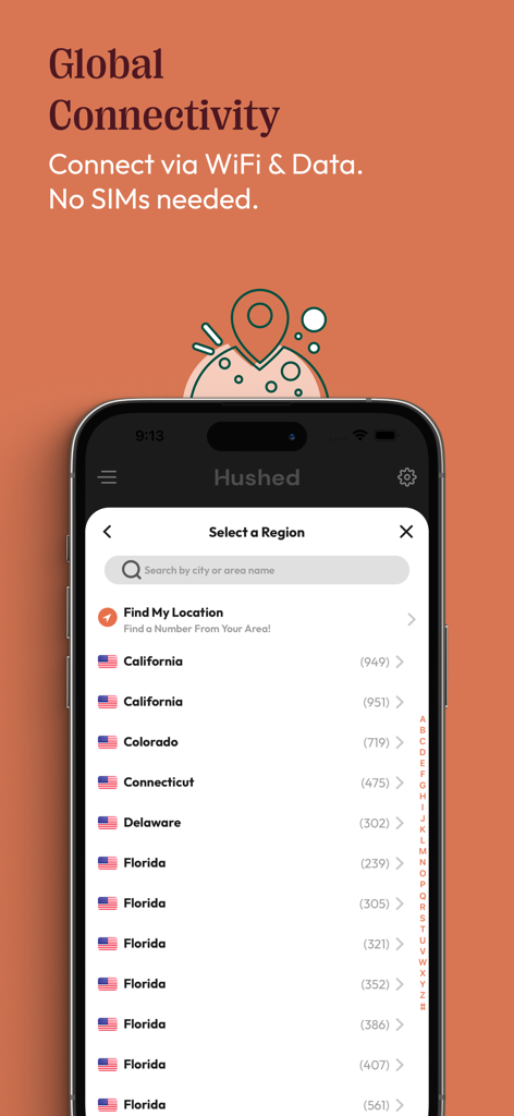 Hushed app interface showing a list of US states and area codes to choose for a second phone number