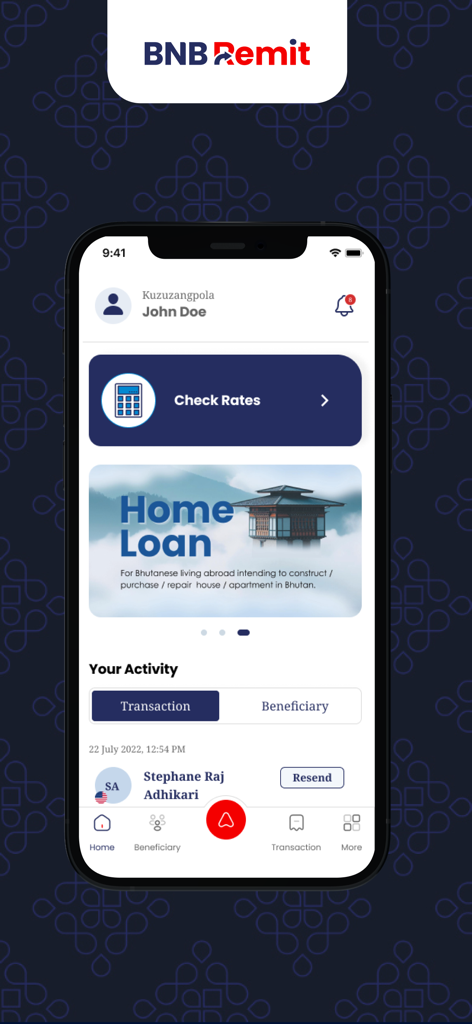 BNB Remit - BNB Remit mobile app home screen showing check rates button and home loan promotional banner for Bhutanese citizens abroad