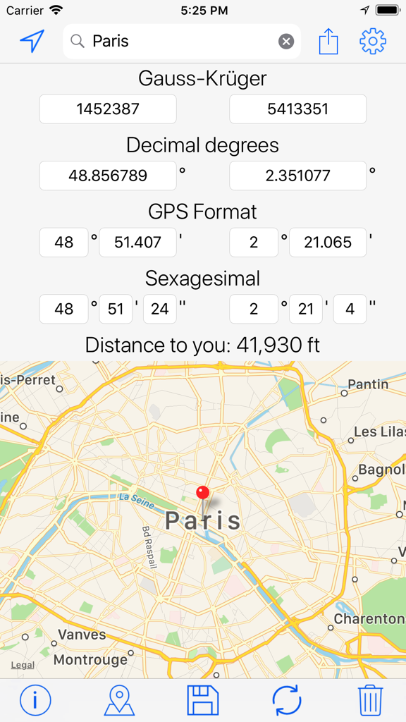 Oberfläche der Gauss-Krüger Koordinaten Tool App, die mehrere Koordinatenformate und einen Kartenstandort anzeigt.