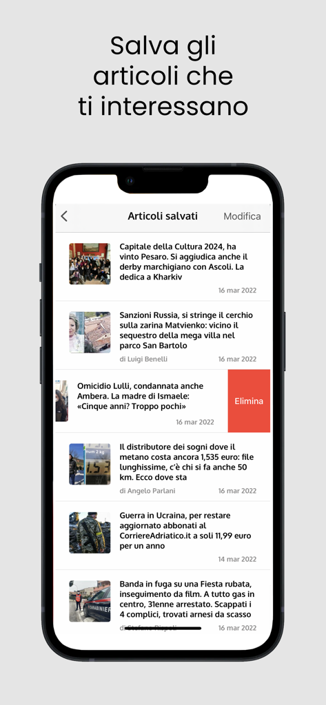 Interfaccia di Corriere Adriatico Mobile che mostra un elenco di articoli salvati con un'opzione per eliminare gli elementi.