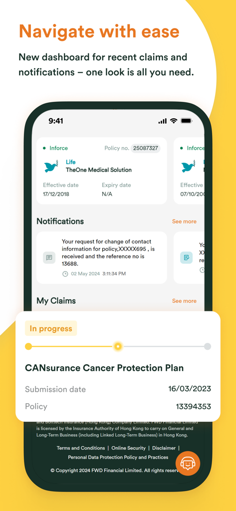 FWD eServices HK - FWD eServices HK mobile app interface showing the insurance policy dashboard and a real-time claim progress tracker