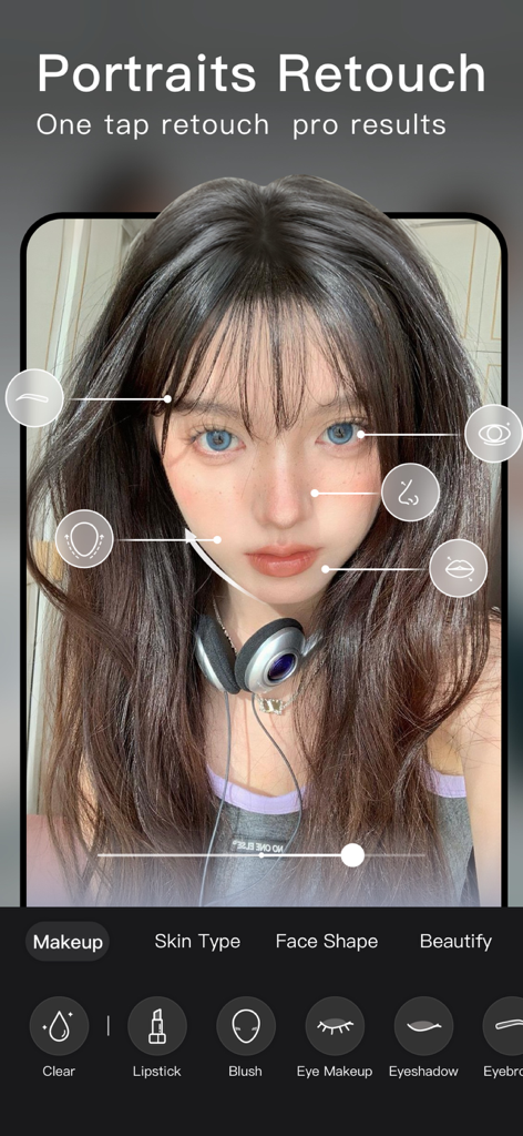 Outils de retouche de selfie et de maquillage dans l'application Wuta Camera
