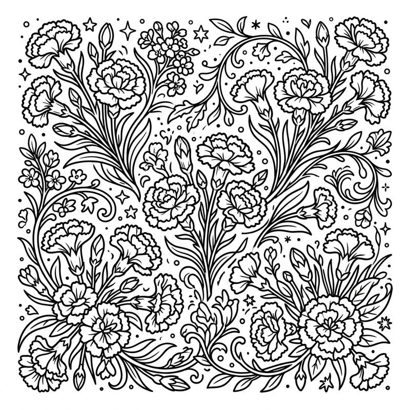 Immerse yourself in the delicate beauty of miniature carnations with this intricately designed coloring page, crafted especially for teens. This complex floral pattern offers a delightful challenge, inviting you to bring its blossoming beauty to life with your favorite colors.