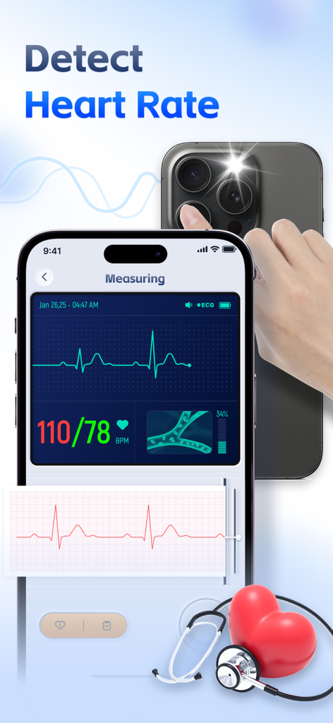 Pantalla del iPhone mostrando la medición de la frecuencia cardíaca usando la lente de la cámara en RateTracker