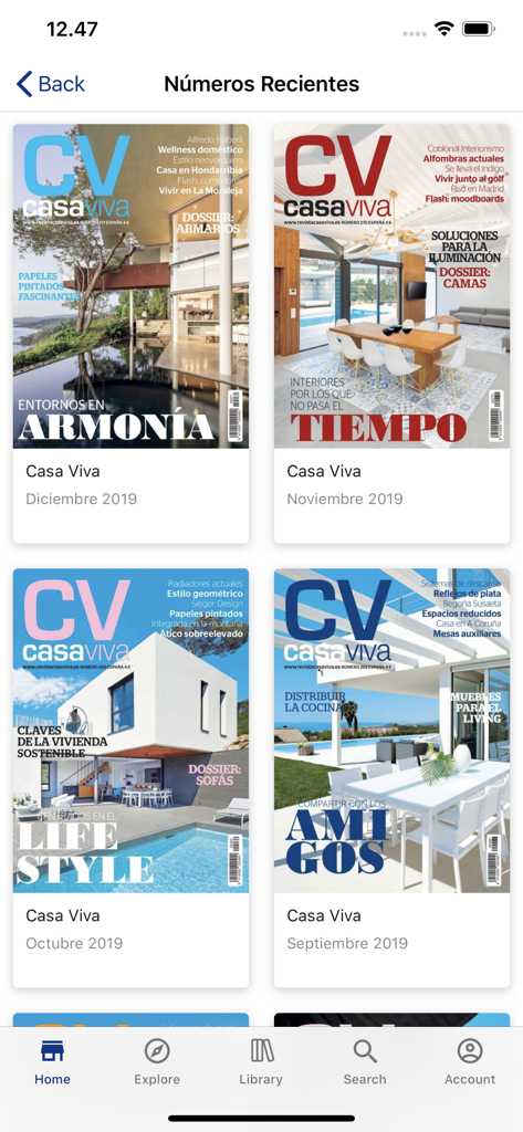 Casa Viva - Casa Viva app screen displaying several recent digital magazine covers featuring modern home interior and architecture photography