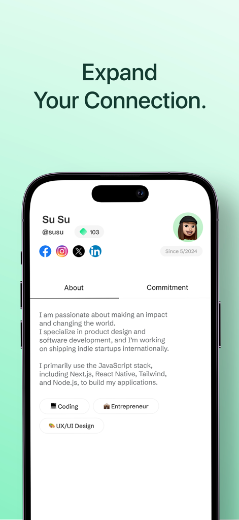 A user profile in the TalentOS app showing social links, a personal bio about product design and software development, and skill tags for coding and design.