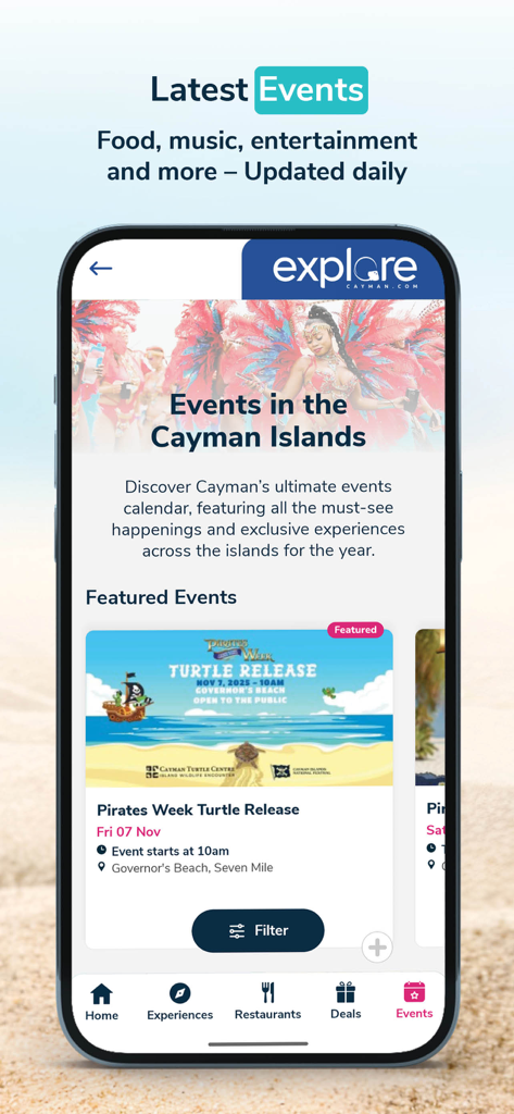 Explore Cayman - Explore Cayman mobile app displaying a local events calendar with featured activities like the Pirates Week Turtle Release