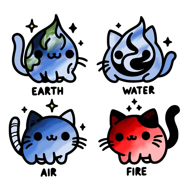 4 cats that represent the different elements, earth, water, air, and fire