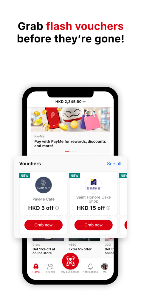 PayMe by HSBC mobile app interface displaying flash vouchers for local merchants and discount offers