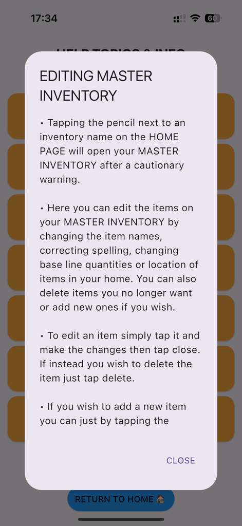 KITCHEN INVENTORY - A help popup within the Kitchen Inventory app explaining how to edit items and quantities in the master inventory list.