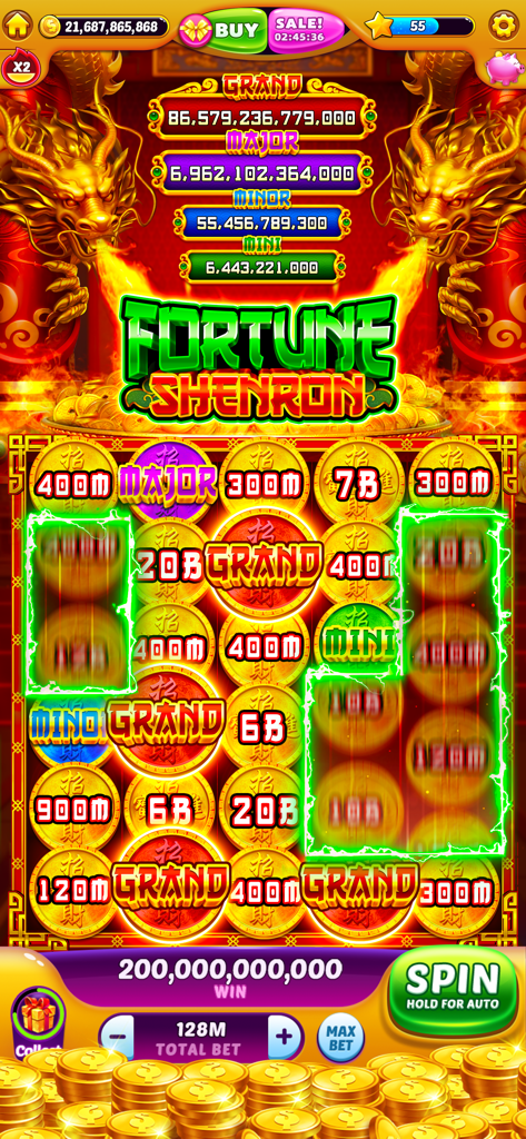 Fortune Shenron slot machine screen with golden dragons and big win jackpot coins