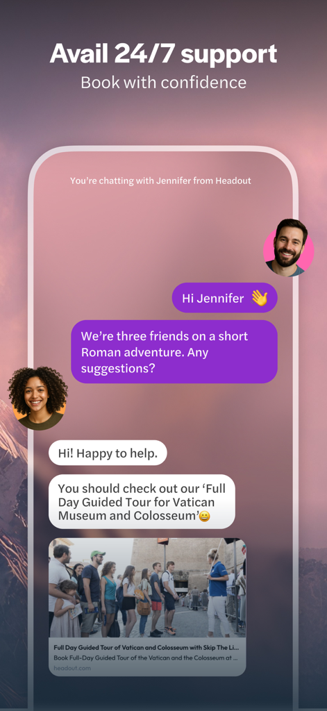 Screenshot of the Headout app showing a 24/7 customer support chat interface providing travel recommendations for a Roman adventure.