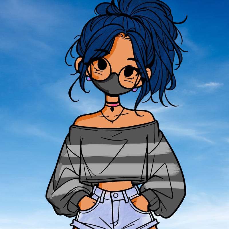 girl with a messy ponytail glasses a baggy crop top and jean shorts