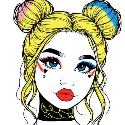 realistic girl with two buns on her hair and lips