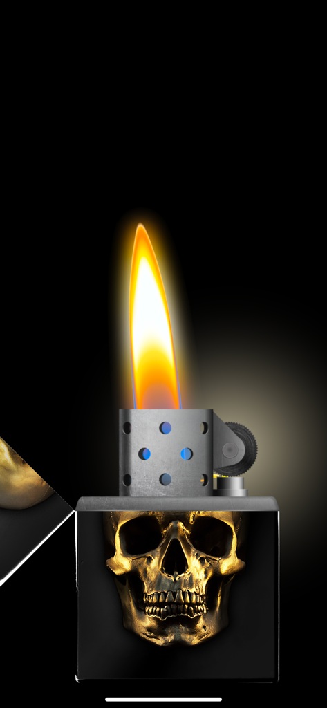 Uma simulação de isqueiro digital apresentando um design de caveira dourada em um corpo preto com uma chama realista acesa