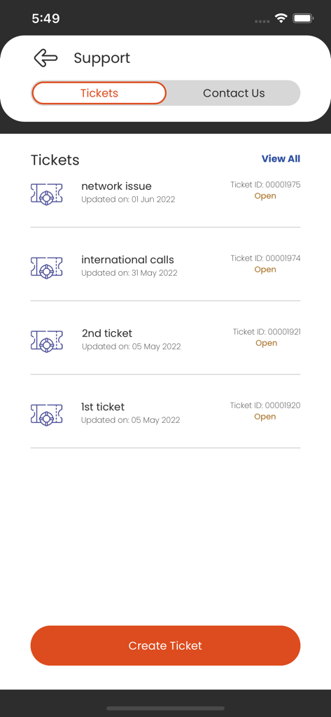 My ENet - The Support screen of the My ENet app displaying a list of open customer service tickets.