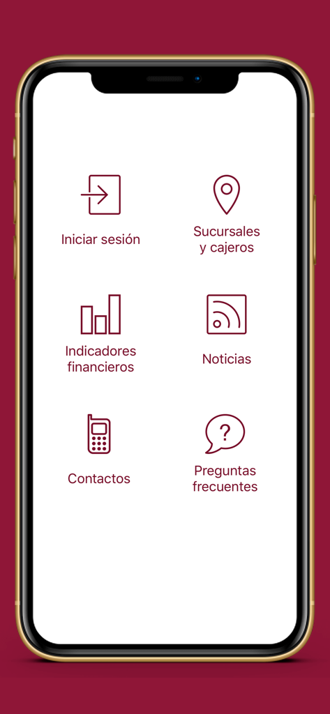 Pantalla del menú principal de la aplicación ADAP en Línea mostrando iconos para inicio de sesión, localizador de sucursales y noticias financieras.
