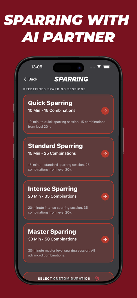 List of predefined AI sparring sessions in the SparPad boxing training app.