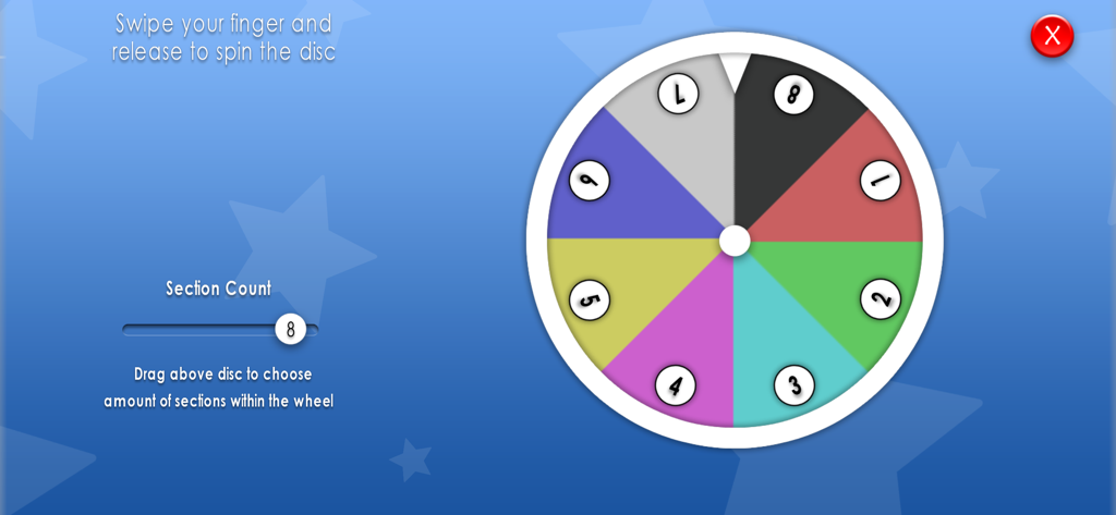 A colorful numbered spinning wheel for random decision making on a blue background