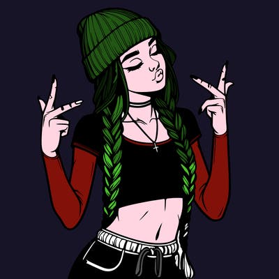 realistic teenage girl with braids and a beanie and crop top doing 🫶🏼