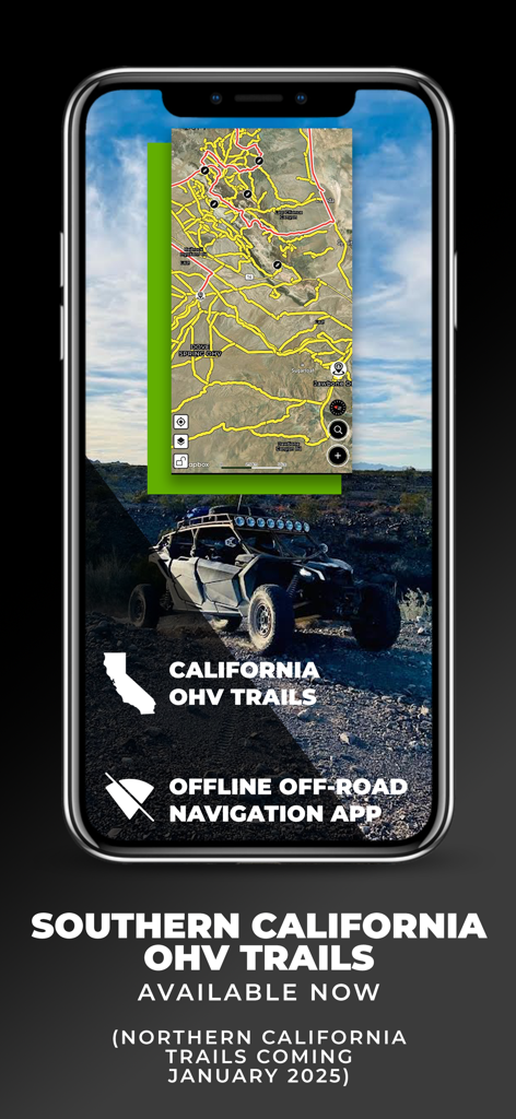 OnPoint Trails: OHV Trail Map - OnPoint Trails mobile app interface displaying Southern California OHV maps and offline navigation features.