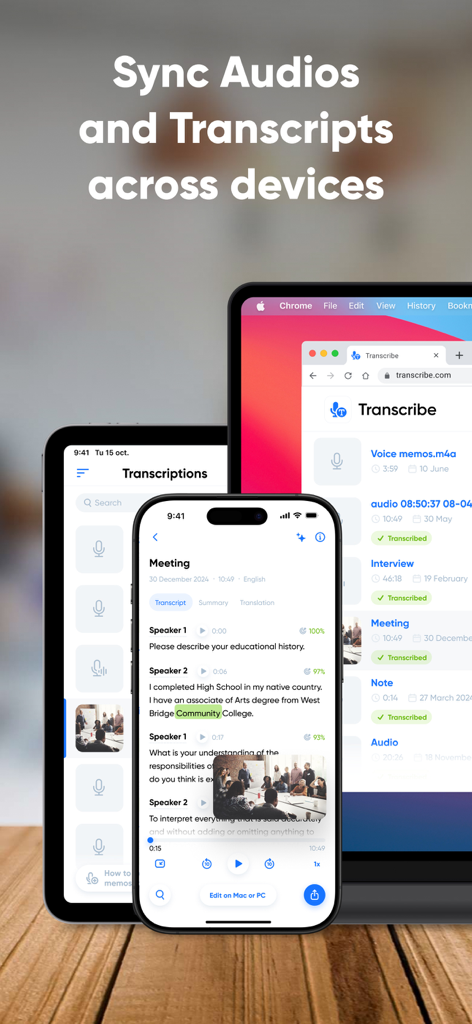 複数のデバイス間で音声とテキストの同期を示すTranscribeアプリのインターフェース。