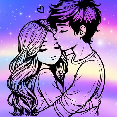 a realistic couple boy and girl hugging and kissing